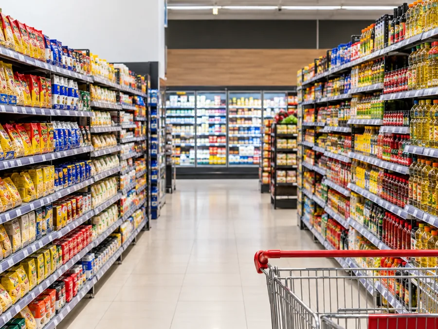Corredor de supermercado com as prateleiras abastecidas