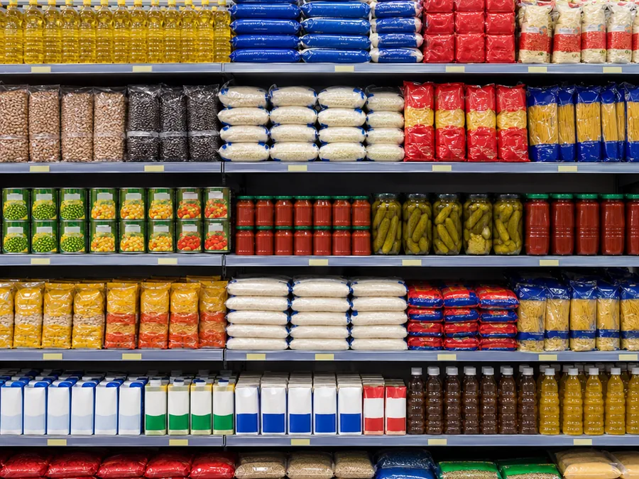 Gôndola de supermercado organizada e frenteada